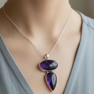 NWT Sterling Silver Natural Amethyst Plated Long Gemstone Handmade Pendant 2.6"